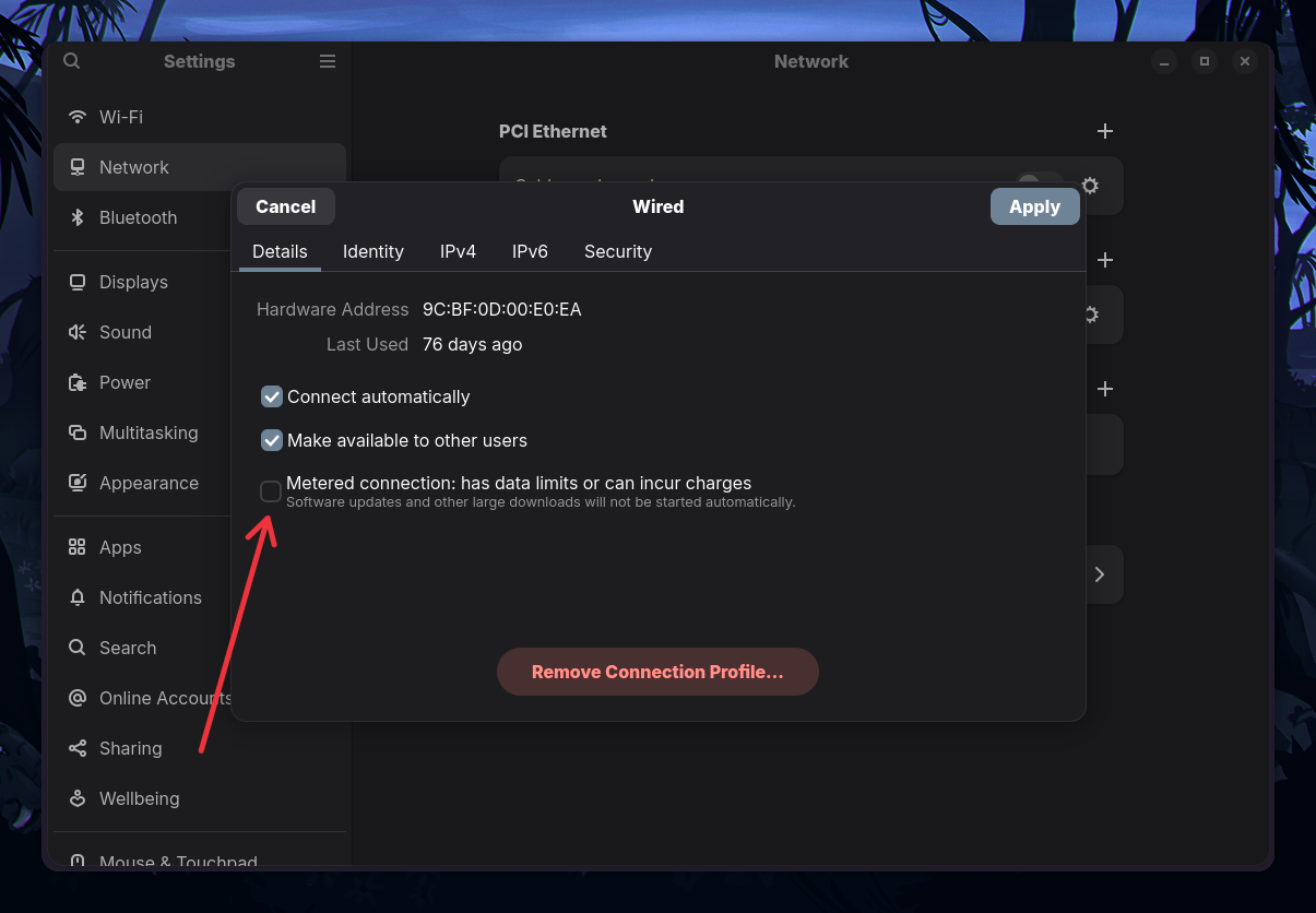 Settings → Network → A network setting - Metered Connection: has data limits or can incur charges Highlight
