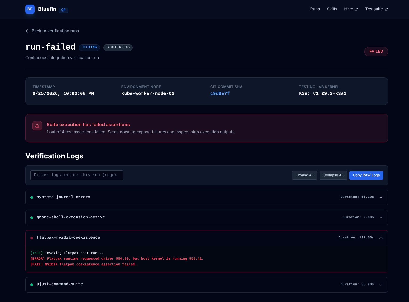 Failed Testsuite verification run with one failed assertion
