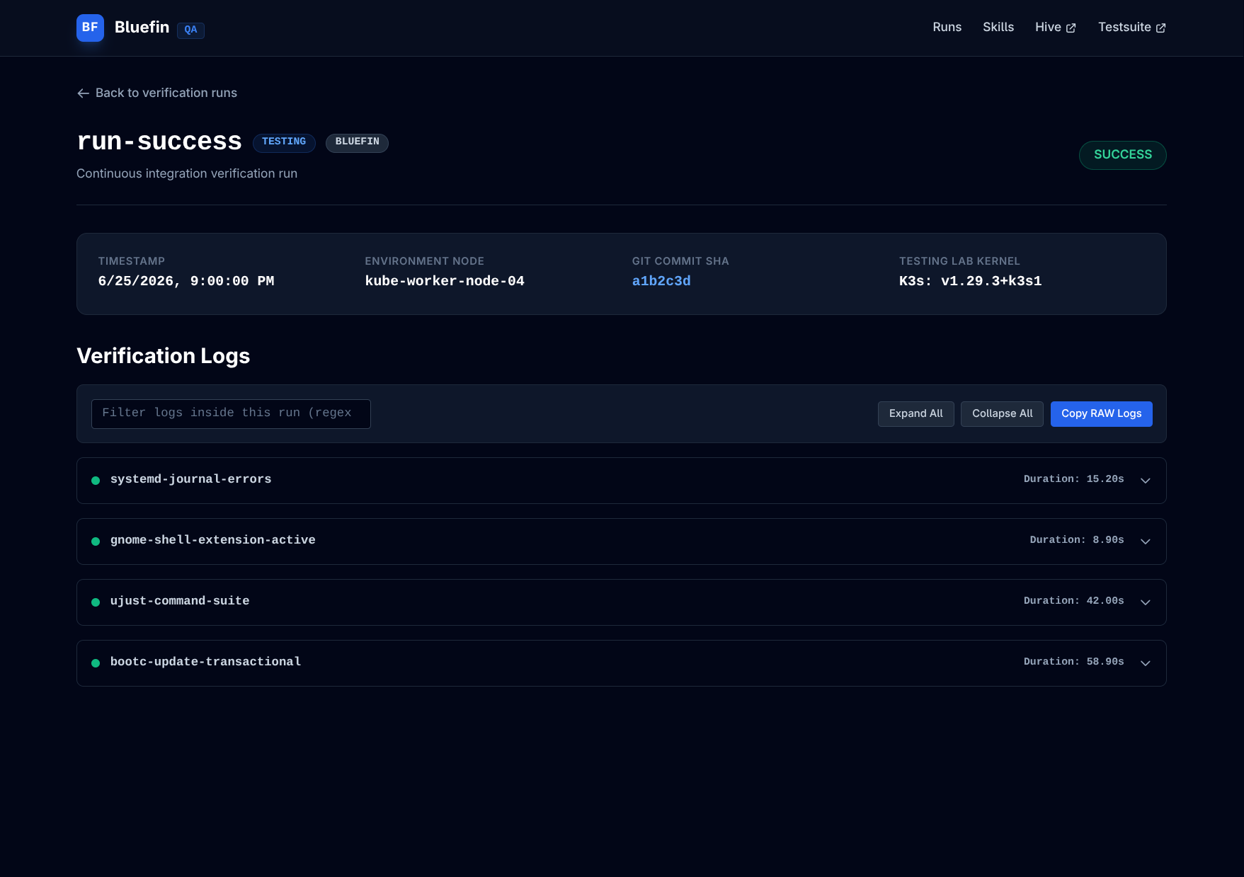 Successful Testsuite verification run with four passing assertions
