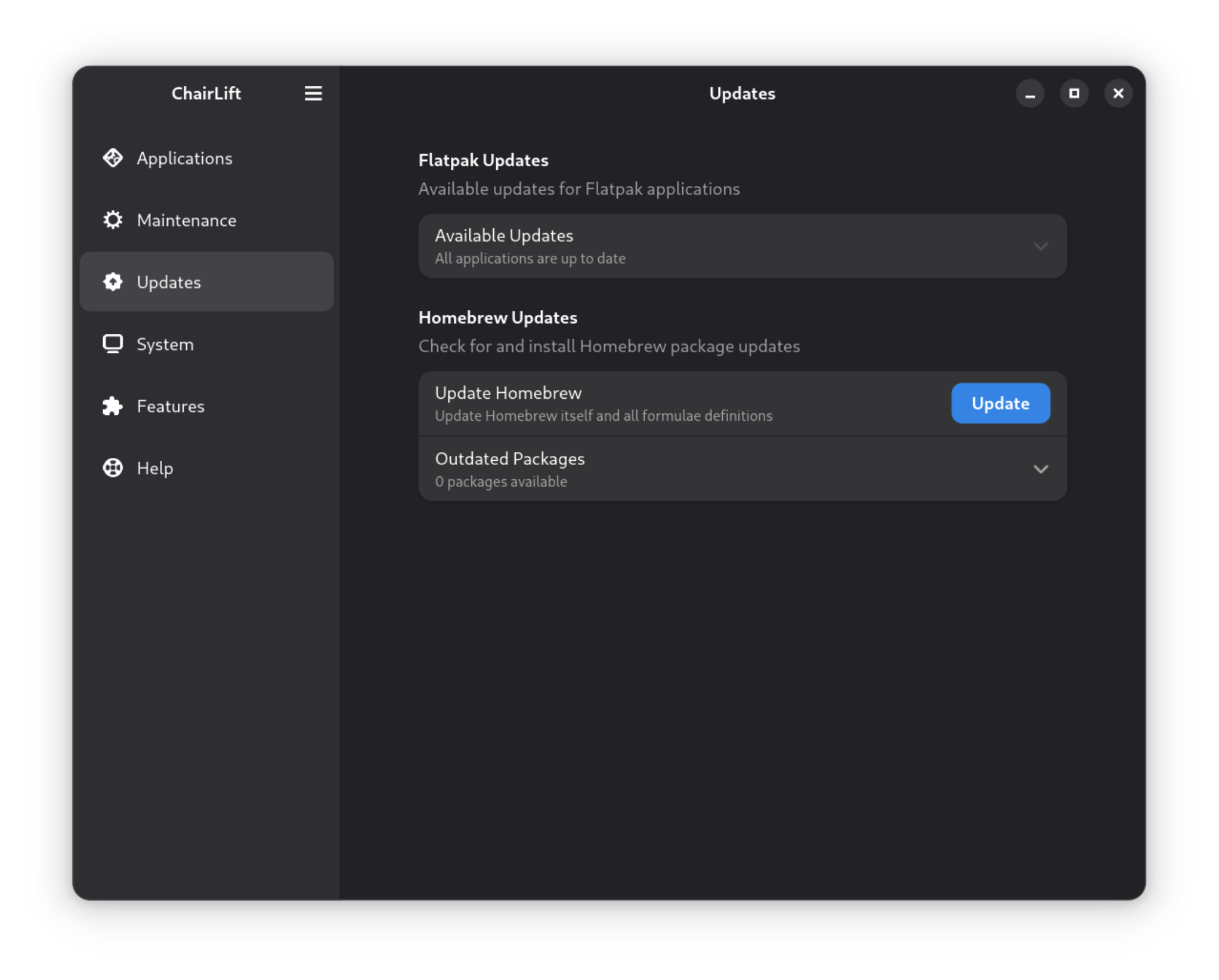 ChairLift applications screen showing Flatpak and Homebrew management