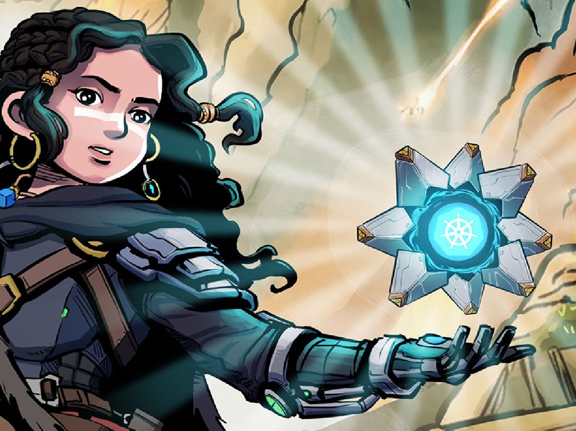 Nova, a Maintainer-Guardian, turning toward the viewer with a glowing Kubernetes sigil hovering above her outstretched hand