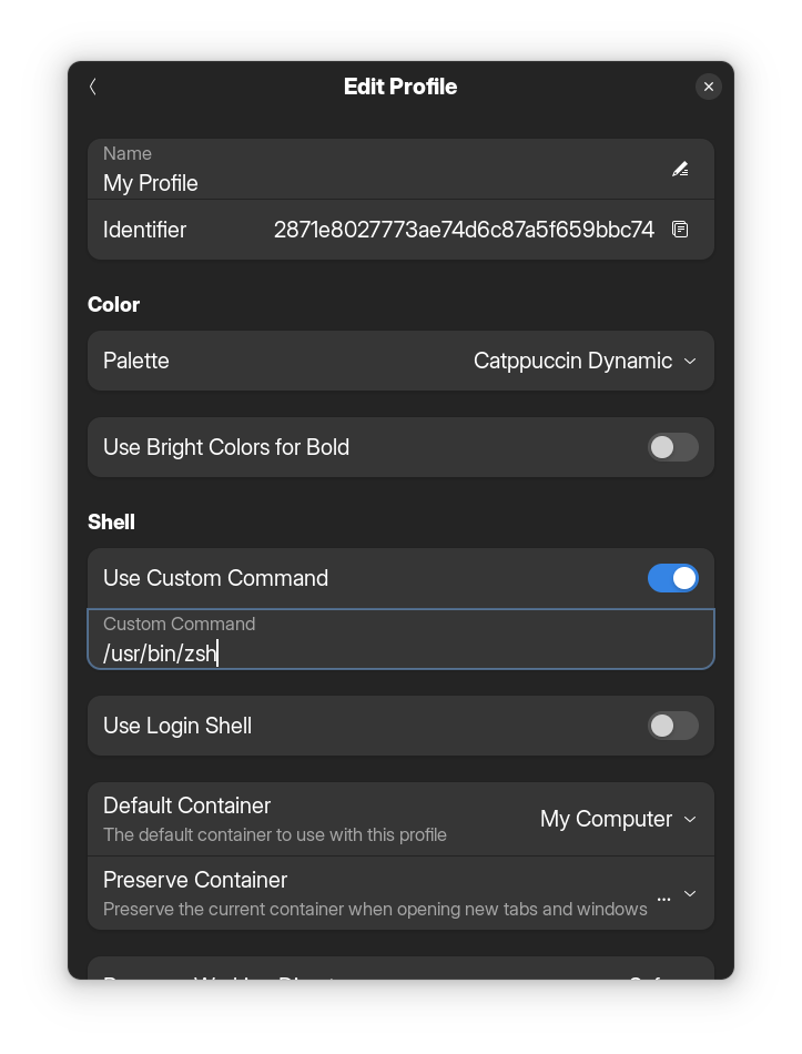 Ptyxis → Preferences → Profiles → A Profile Setting → Edit... → Shell → Custom Command